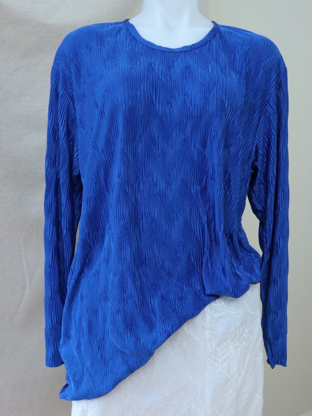 Vintage Maxima USA Plissé Crinkle Blue Long Sleeves Top Blouse Size XL